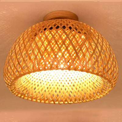 Modern Bamboo Weaving Dome 1-Light Semi-Flush Mount Ceiling Light