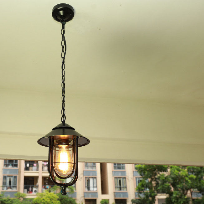 Zeitgenössische industrielle 1-flammige wasserdichte Außen-Pendelleuchte aus Aluminium und Glas im Käfigdesign für Wohnzimmer, Schlafzimmer &amp; Außenbereich 