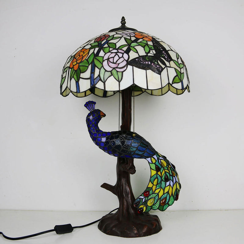 Tiffany Classical Flower Stained Glass Peacock Base 3-Light Table Lamp