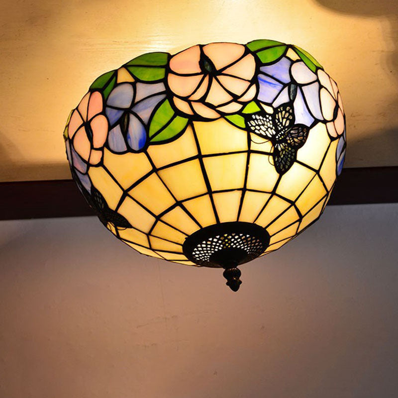 Traditional Tiffany Stained Glass Iron Bowl Round 2-Light Semi-Flush Mount Ceiling Light for Living Room