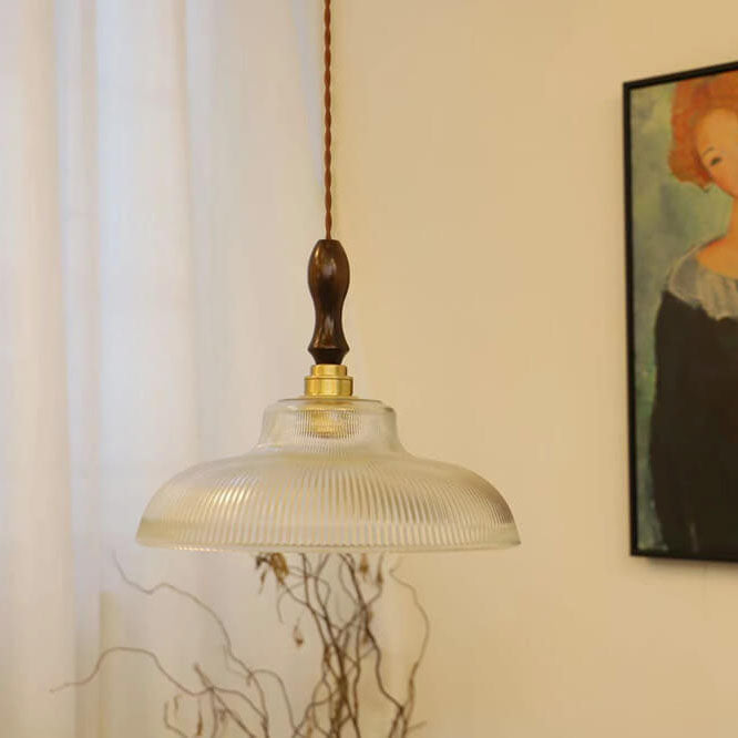 Traditionelle Vintage-Pendelleuchte mit Glas-Blumenschirm, Messing und Walnussholz, 1-flammig, für das Wohnzimmer 