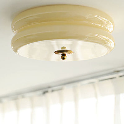 French Minimalist Cream Glass Round LED Flush Mount Ceiling Light