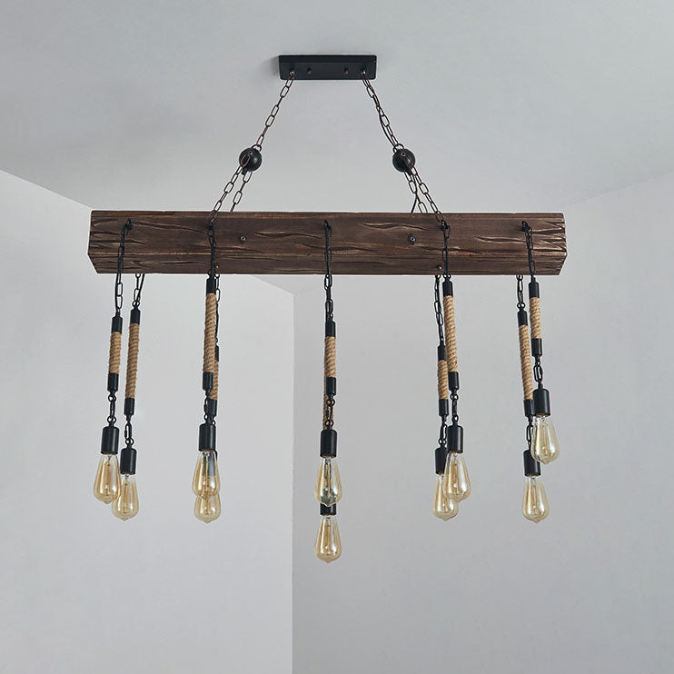 Industrial Vintage Twine Wood Strip Iron 10-Light Island Light Chandelier