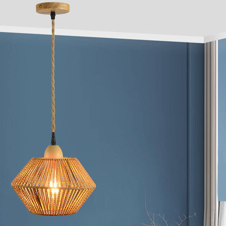 Traditional Vintage Solid Wood Rope Weaving Lantern Cage Wood 1-Light Pendant Ceiling Light for Living Room