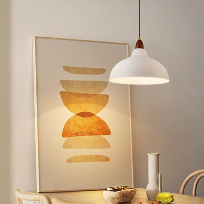 Japanese Simple Iron Dome Solid Wood Top 1-Light Pendant Light