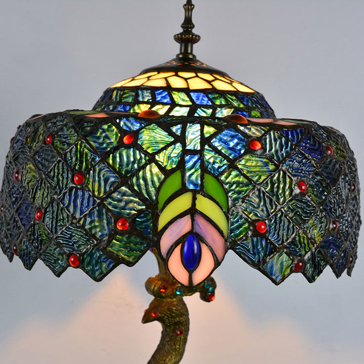 Lampe de table vintage Tiffany Peacock Gem Dome en résine et verre à 1 lumière 