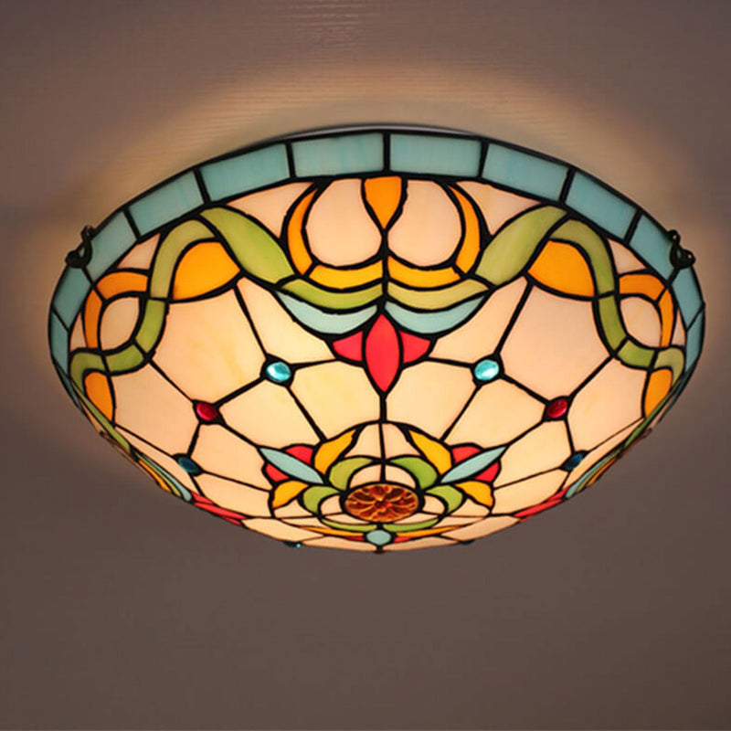 European Tiffany Flowers Stained Glass 3-Light Flush Mount Ceiling Light