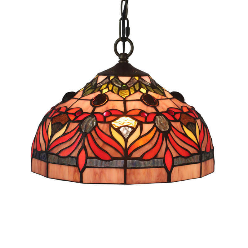 Vintage Tiffany Red Flower Stained Glass Dome 1-Light Pendant Light