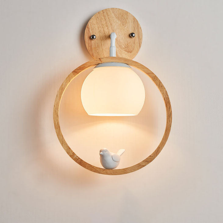 Nordic Minimalist Glass Wood Ring Bird Design 1-Light Wall Sconce Lamp