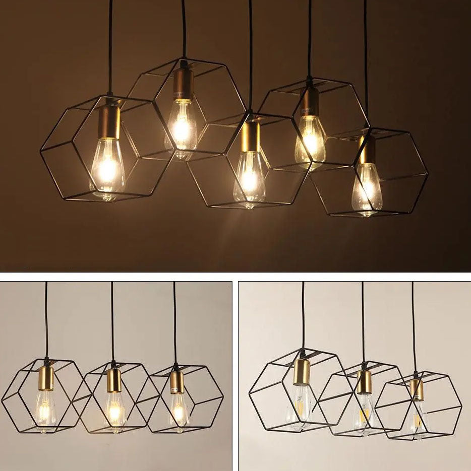 Zeitgenössischer industrieller geometrischer Rahmen aus Eisen mit 3/5-flammiger Insel-Licht-Kronleuchter für Wohnzimmer &amp; Esszimmer 
