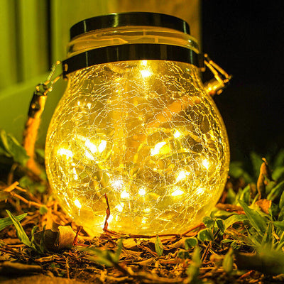 Solar Crackle Round Glass Jar LED Outdoor Garden Decorative Light