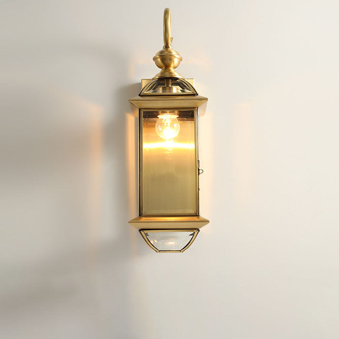 Farol cuadrado tradicional europeo de cobre y vidrio de 1 luz, aplique de pared exterior impermeable para exterior 