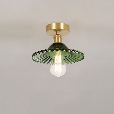 Japanese Vintage Glass Brass Lotus 1-Light Semi-Flush Mount Ceiling Light