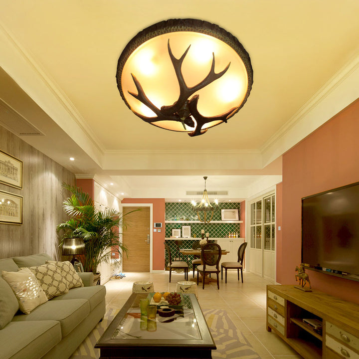 Traditional Vintage Antler Round  Metal Resin Glass 2/3/5-Light Flush Mount Ceiling Light For Living Room & Bedroom