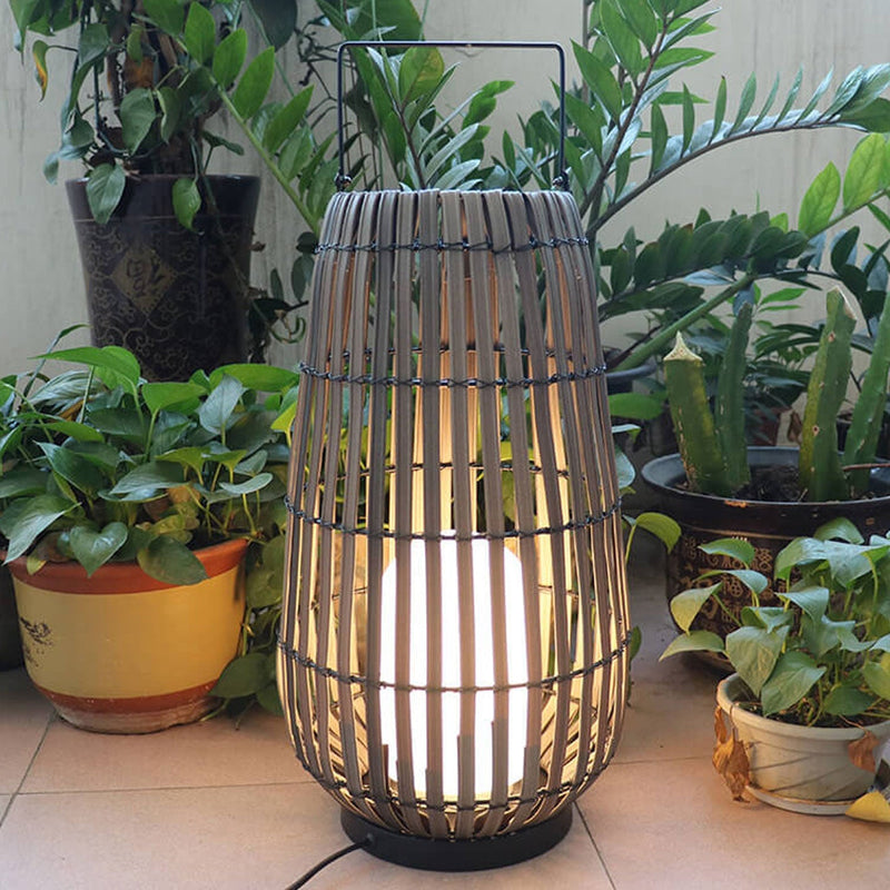 Modern Rattan Weaving Oval Cage Outdoor Patio Waterproof Floor Lamp