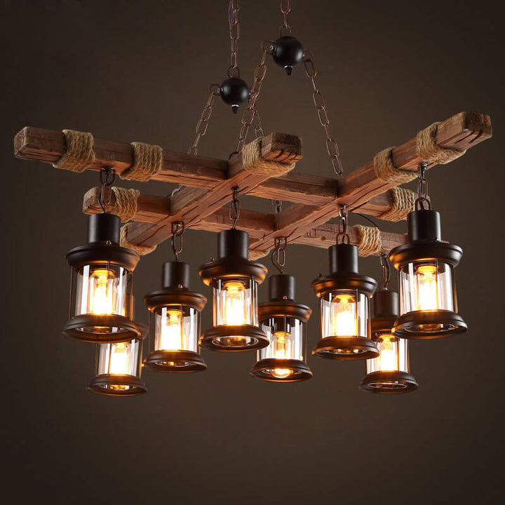 Retro Eisen Seil Holz 8-Licht Hängende Kronleuchter 