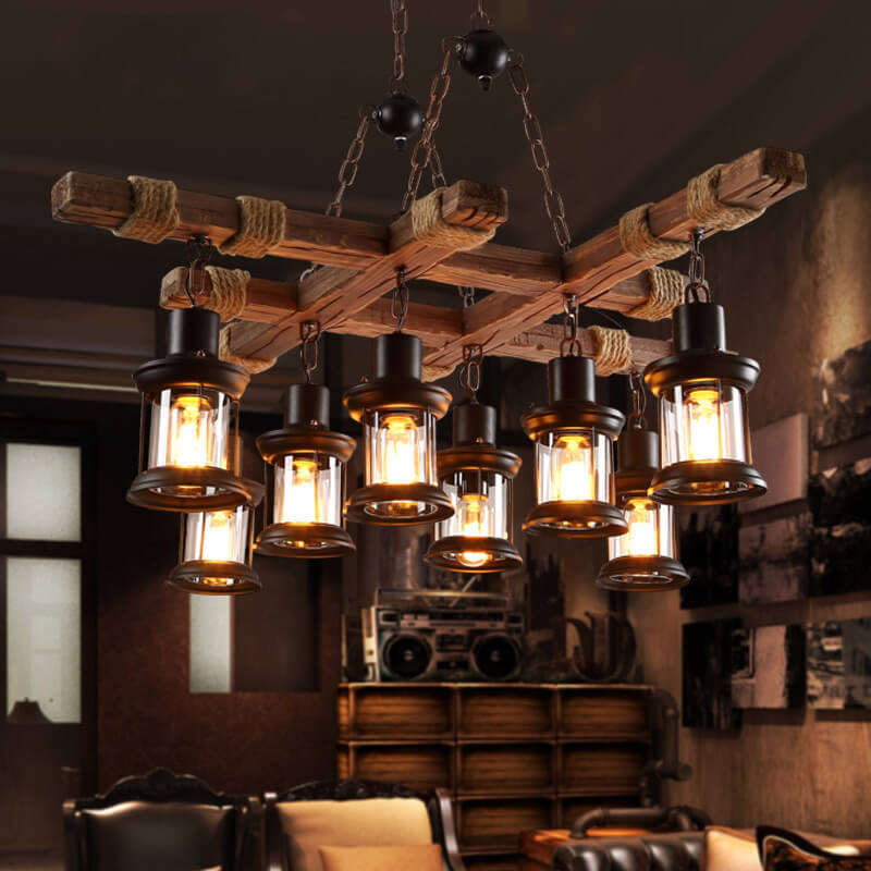 Retro Eisen Seil Holz 8-Licht Hängende Kronleuchter 