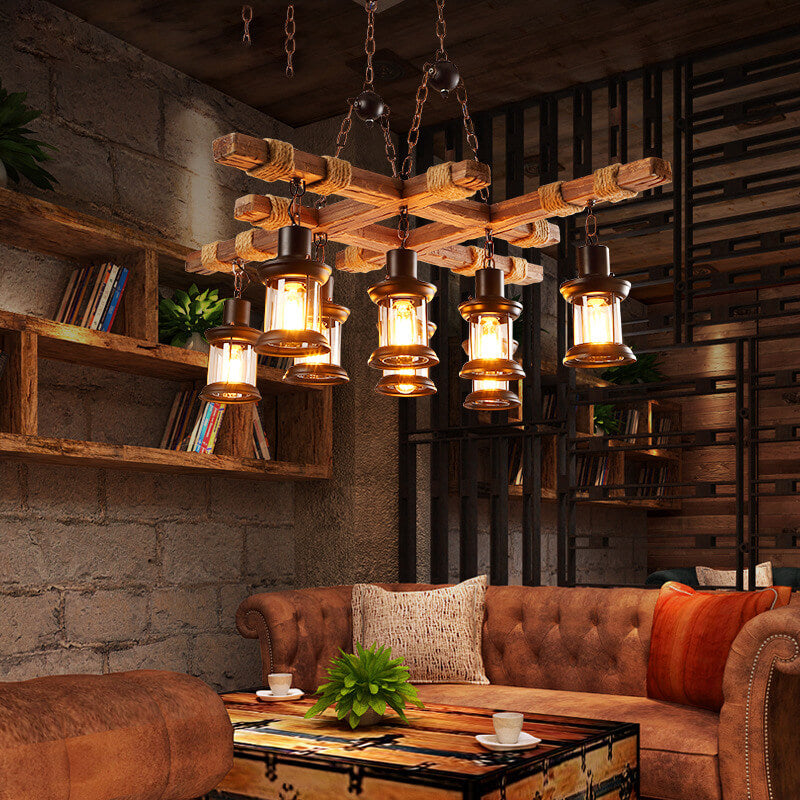 Retro Eisen Seil Holz 8-Licht Hängende Kronleuchter 