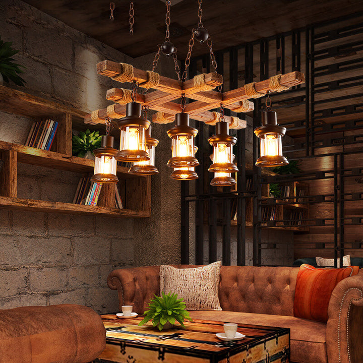 Retro Eisen Seil Holz 8-Licht Hängende Kronleuchter 