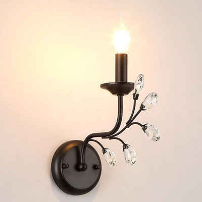 European Rustic Vintage Wrought Iron Crystal 1-Light Wall Sconce Lamp