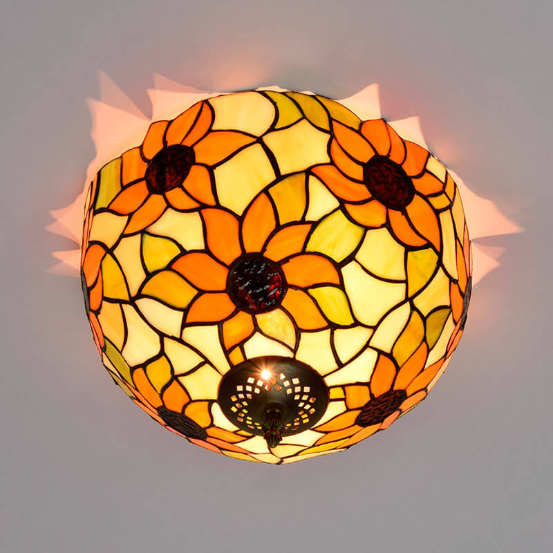 Vintage Tiffany Sunflower Stained Glass 2-Light Flush Mount Ceiling Light
