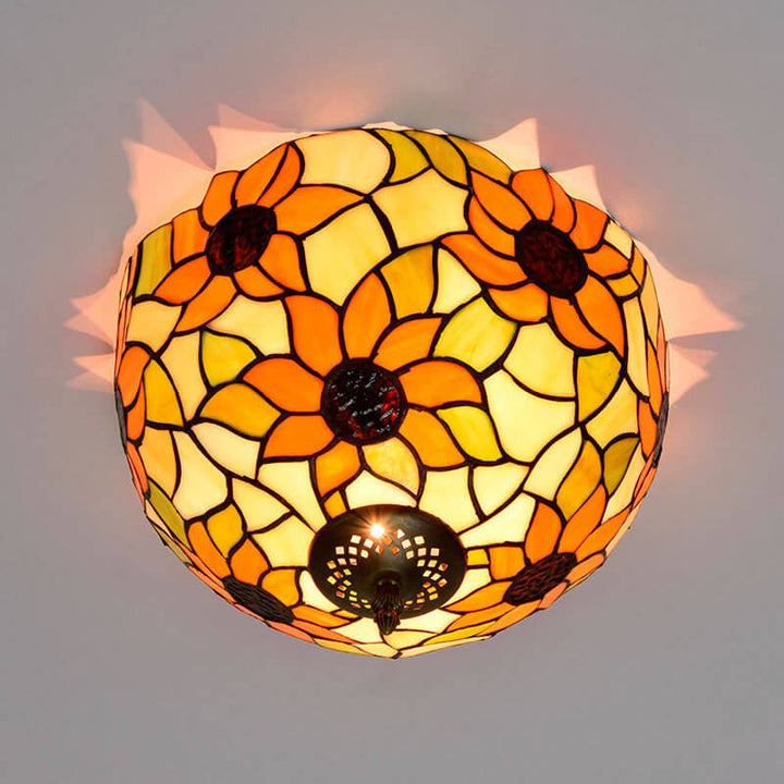 Vintage Tiffany Sunflower Stained Glass 2-Light Flush Mount Ceiling Light