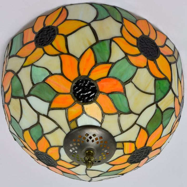 Vintage Tiffany Sunflower Stained Glass 2-Light Flush Mount Ceiling Light