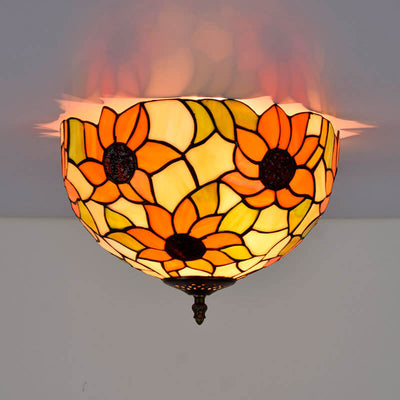 Vintage Tiffany Sunflower Stained Glass 2-Light Flush Mount Ceiling Light