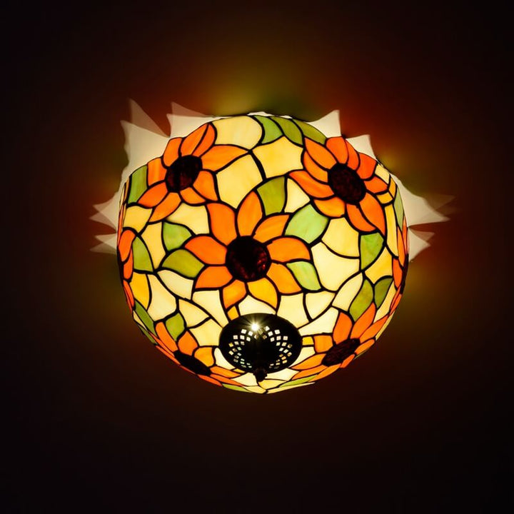Vintage Tiffany Sunflower Stained Glass 2-Light Flush Mount Ceiling Light