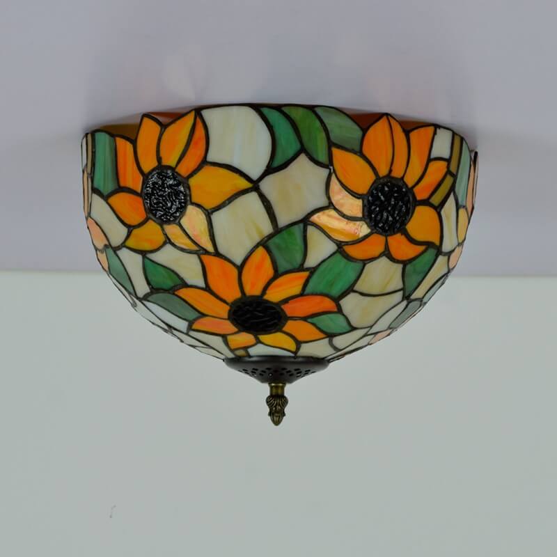 Vintage Tiffany Sunflower Stained Glass 2-Light Flush Mount Ceiling Light