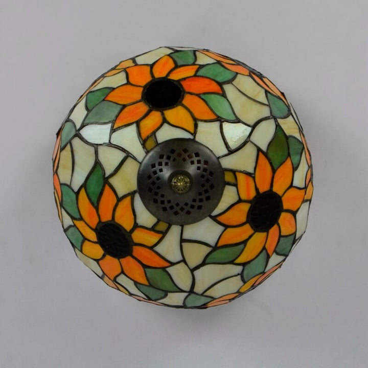 Vintage Tiffany Sunflower Stained Glass 2-Light Flush Mount Ceiling Light