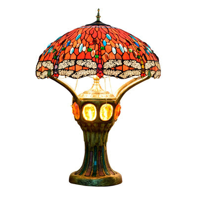 Tiffany Vintage 4-flammige Tischlampe aus rotem Glas im Libellendesign 