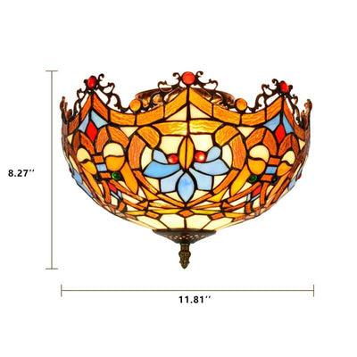 Vintage Tiffany Stained Glass Bowl Shape 2-Light Flush Mount Ceiling Light