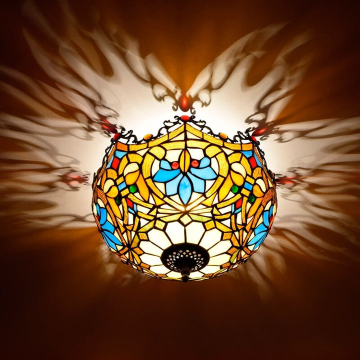 Vintage Tiffany Stained Glass Bowl Shape 2-Light Flush Mount Ceiling Light