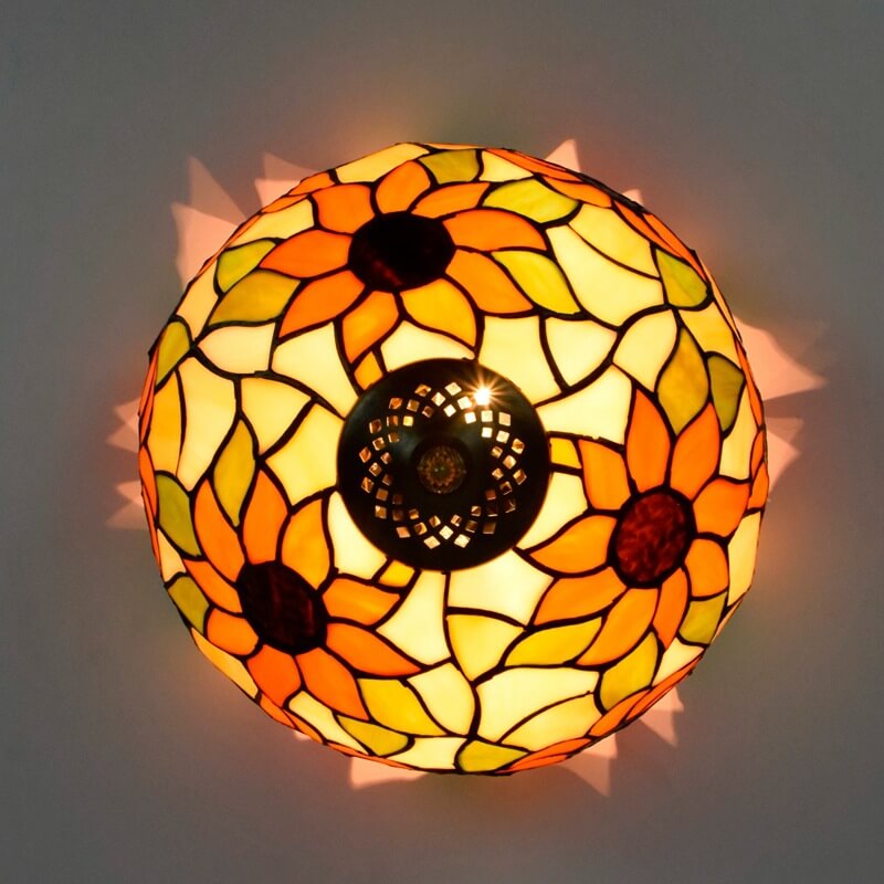Vintage Tiffany Sunflower Stained Glass 2-Light Flush Mount Ceiling Light