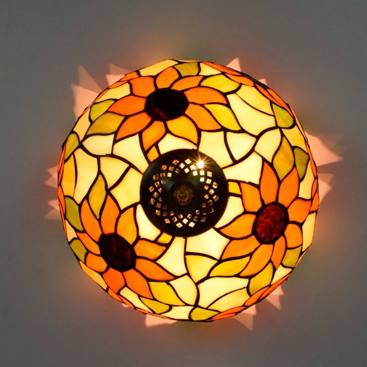 Vintage Tiffany Sunflower Stained Glass 2-Light Flush Mount Ceiling Light