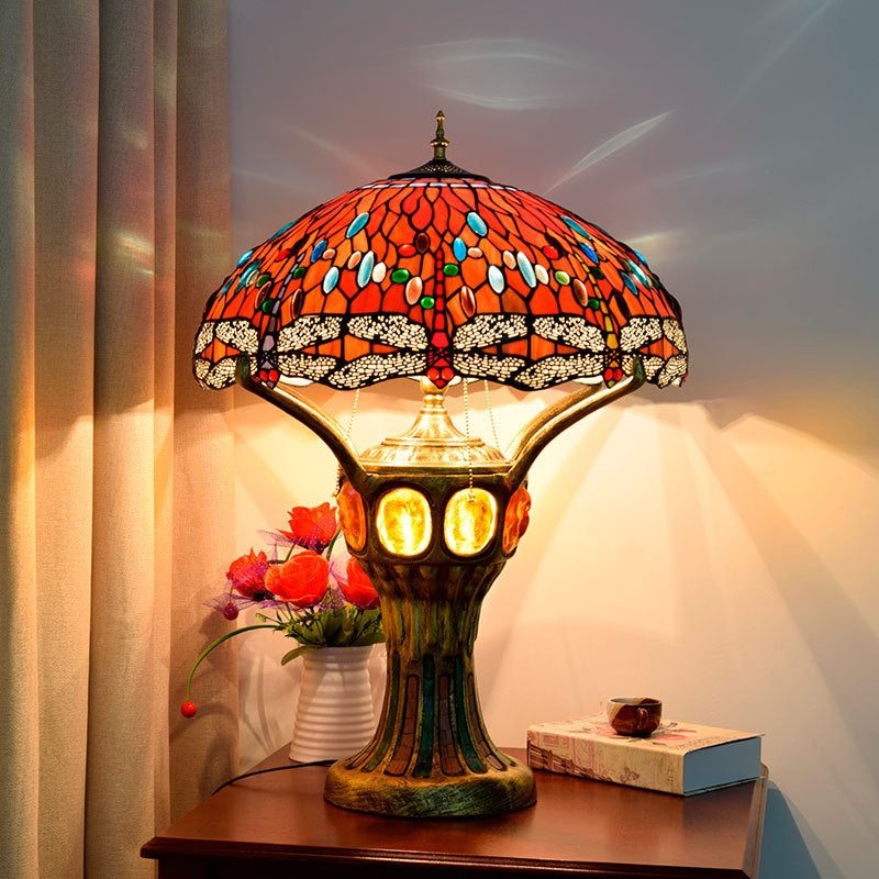 Tiffany Vintage 4-flammige Tischlampe aus rotem Glas im Libellendesign 