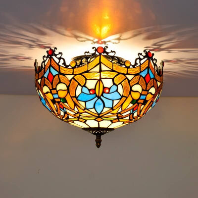 Vintage Tiffany Stained Glass Bowl Shape 2-Light Flush Mount Ceiling Light