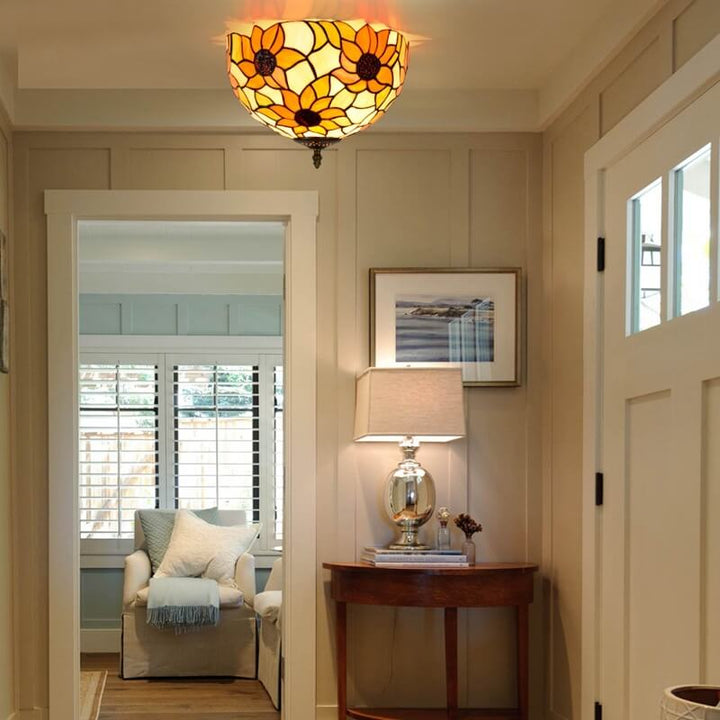 Vintage Tiffany Sunflower Stained Glass 2-Light Flush Mount Ceiling Light