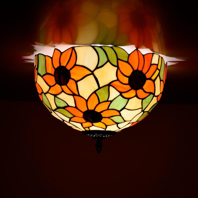 Vintage Tiffany Sunflower Stained Glass 2-Light Flush Mount Ceiling Light