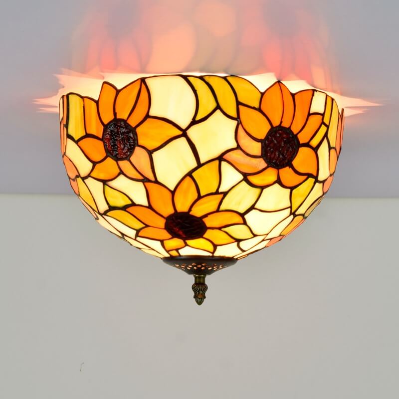 Vintage Tiffany Sunflower Stained Glass 2-Light Flush Mount Ceiling Light