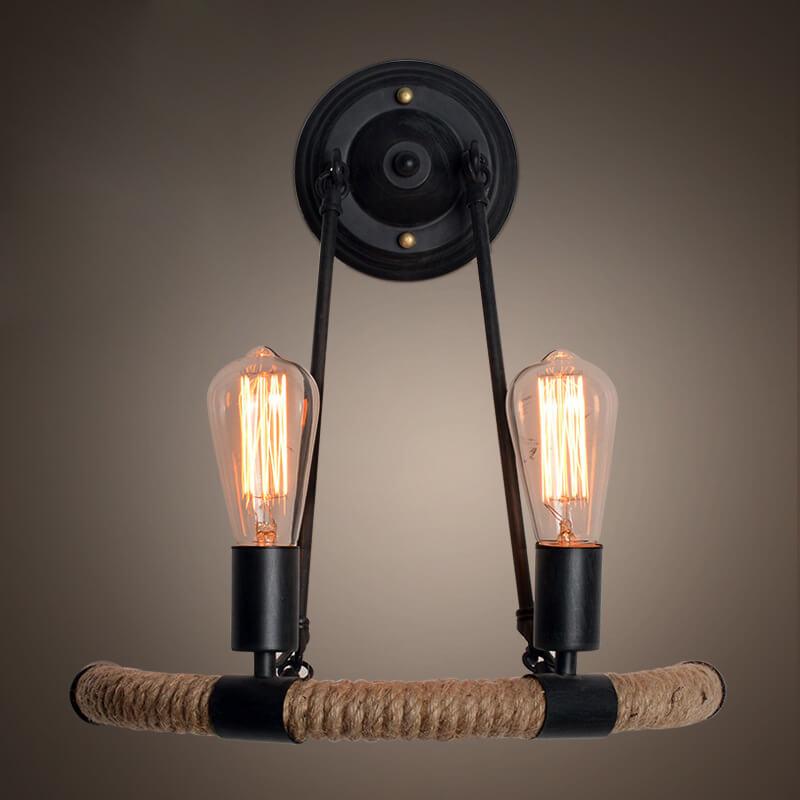 Vintage Industrial Hemp Rope Iron 2-Light Wall Sconce Lamp