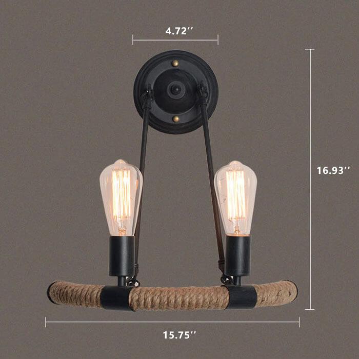 Vintage Industrial Hemp Rope Iron 2-Light Wall Sconce Lamp