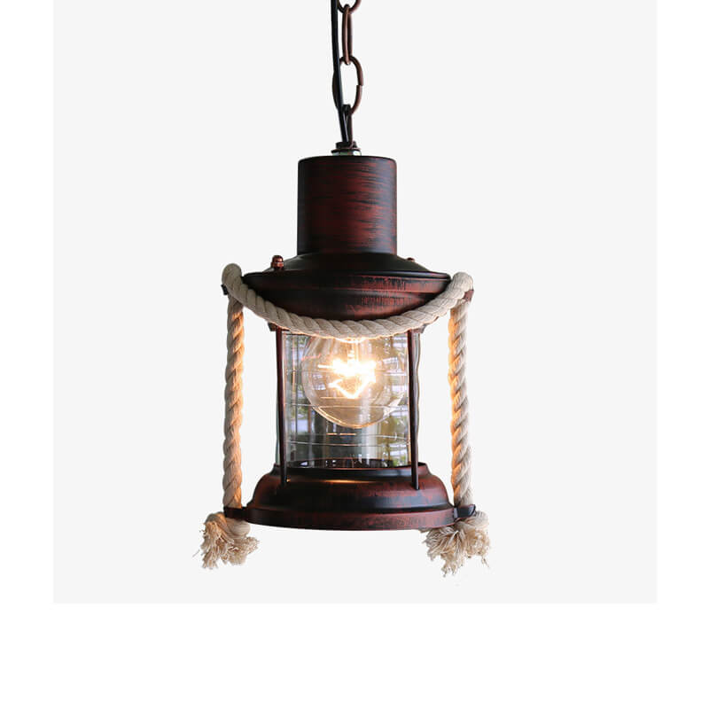 Vintage Hemp Rope Lantern Oil Lamp Iron Pendant Light