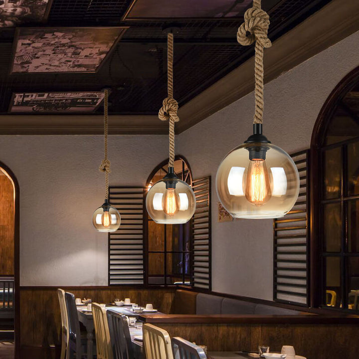 Luminaire suspendu globe en verre à 1 lumière suspendu à une corde rétro 