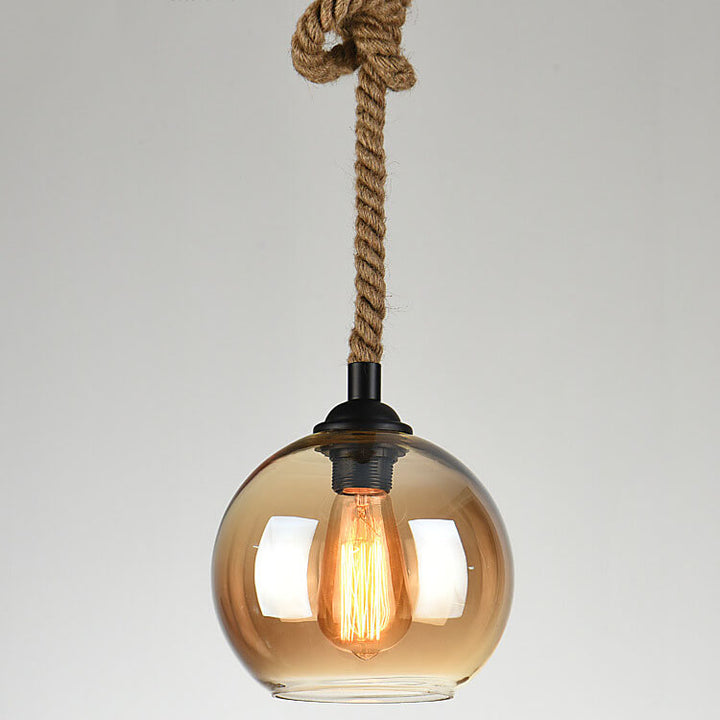 Luminaire suspendu globe en verre à 1 lumière suspendu à une corde rétro 