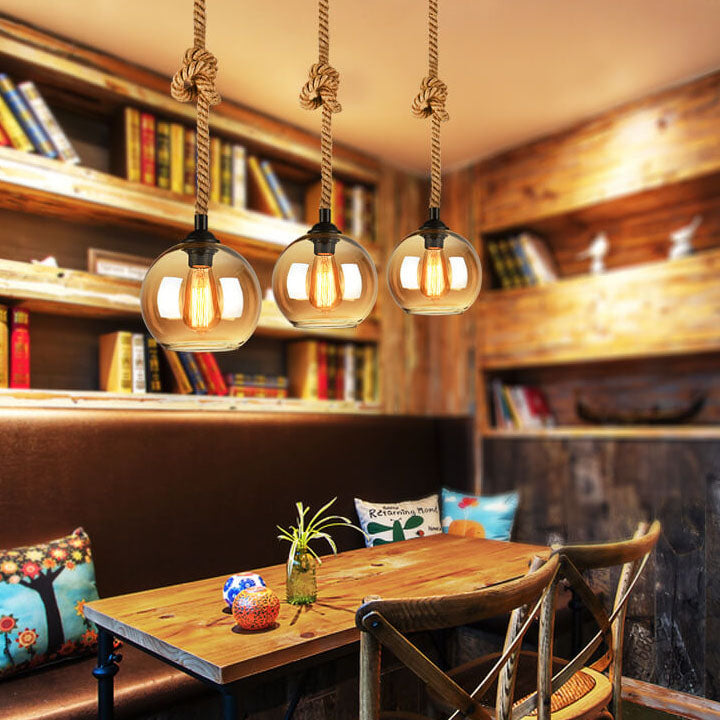 Luminaire suspendu globe en verre à 1 lumière suspendu à une corde rétro 