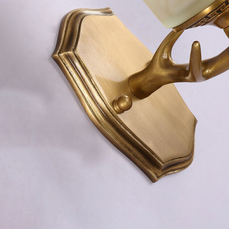 European Vintage Antler Brass Glass 1-Light Wall Sconce Lamp