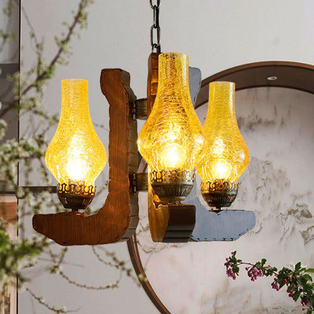 Industrielle Massivholz Antik-Design 3-Licht Kronleuchter 