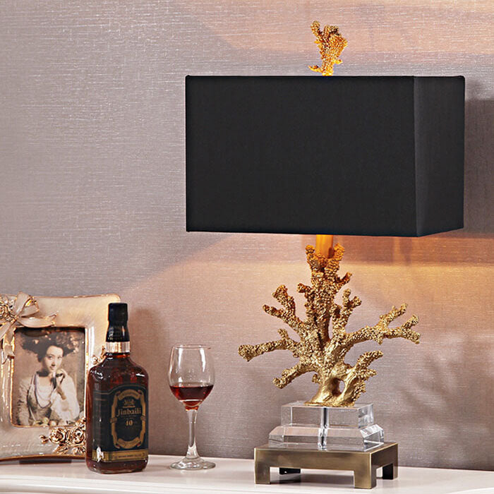Modern Art Deco Linen Resin Crystal Coral Base 1-Light Table Lamp For Bedroom